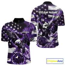 Load image into Gallery viewer, Custom Purple Flaming American Flag Eagle Bowling Team Men Shirt, Patriotic Bowlers Outfit IPHW10781