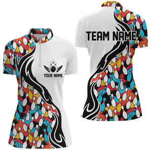 Colorful Bowling Pins Custom Ladies Bowling Polo Shirts, Flame Bowling Outfits For Bowlers IPHW6951