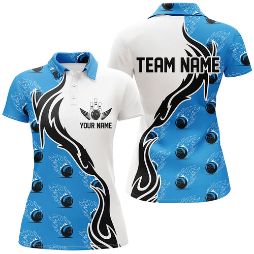 Custom Ladies Bowling Shirts With Name, Flame Bowling Ball Shirt Bowling Jerseys | Blue IPHW6955
