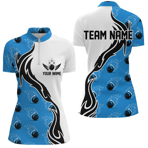 Custom Ladies Bowling Shirts With Name, Flame Bowling Ball Shirt Bowling Jerseys | Blue IPHW6955