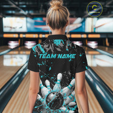 Load image into Gallery viewer, Custom Black And Turquoise Blue Splatter Camo Bowling Team Quarter-Zip Shirts For Women IPHW10799