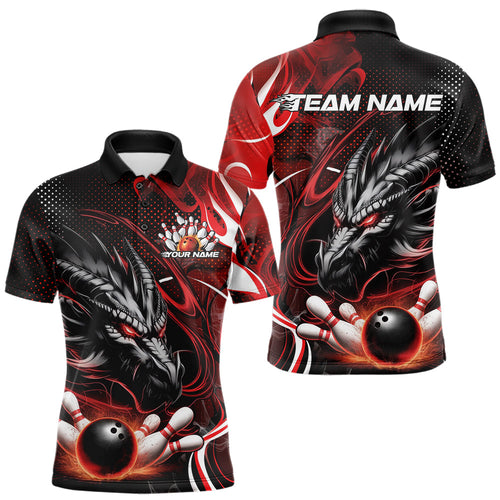 Custom Black And Red Flame Dragon Bowling Jerseys, Dragon Bowling Team Men Polo Shirts IPHW8919