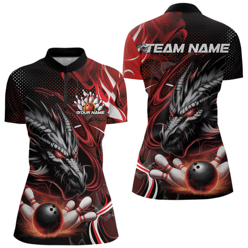 Custom Black And Red Flame Dragon Bowling Jerseys, Dragon Bowling Women Quarter-Zip Shirts IPHW8919