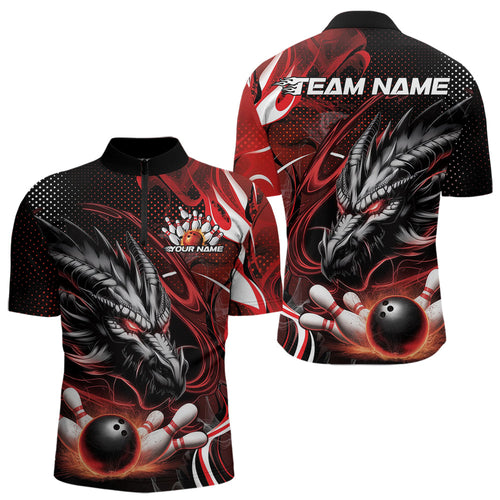 Custom Black And Red Flame Dragon Bowling Jerseys, Dragon Bowling Team Men Quarter-Zip Shirts IPHW8919