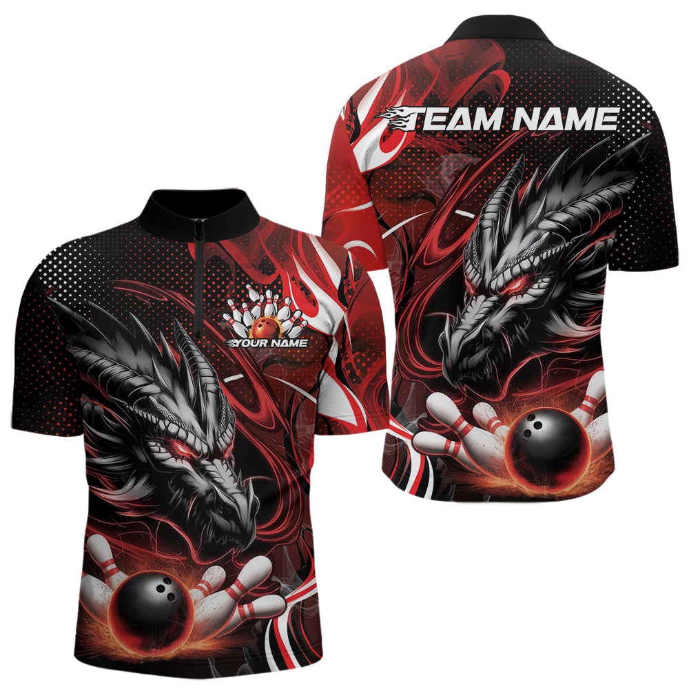 Custom Black And Red Flame Dragon Bowling Jerseys, Dragon Bowling Team Men Quarter-Zip Shirts IPHW8919