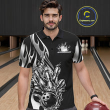 Load image into Gallery viewer, Custom Black And Silver Tribal Flame Men Bowling Polo Shirt, Bowling Tournament Shirt IPHW11285