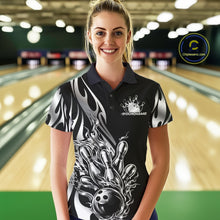 Load image into Gallery viewer, Custom Black And Silver Tribal Flame Women Bowling Polo Shirt, Bowling Tournament Shirt IPHW11285
