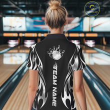Load image into Gallery viewer, Custom Black And Silver Tribal Flame Women Bowling Polo Shirt, Bowling Tournament Shirt IPHW11285