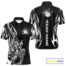 Load image into Gallery viewer, Custom Black And Silver Tribal Flame Men Bowling Polo Shirt, Bowling Tournament Shirt IPHW11285