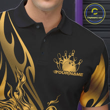 Load image into Gallery viewer, Custom Gold Tribal Flame Men Bowling Polo Shirt, Bowling Tournament Shirt IPHW11286