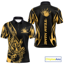 Load image into Gallery viewer, Custom Gold Tribal Flame Men Bowling Polo Shirt, Bowling Tournament Shirt IPHW11286
