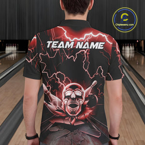 Custom Red Thunder Lightning Skull Bowling Polo Team Shirts For Men, Halloween Outfit IPHW9498