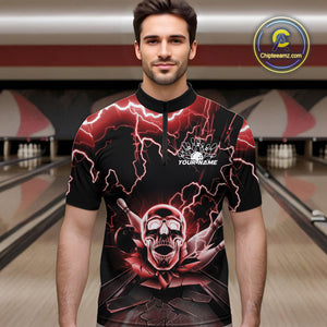 Custom Red Thunder Lightning Skull Bowling Quarter-Zip Team Shirts For Men, Halloween Outfit IPHW9498