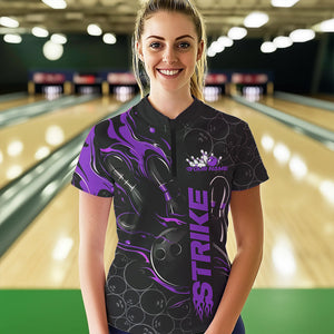 Custom Black And Purple Flame Strike Bowling Team Womens Quarter-Zip Shirt, Bowling Jerseys IPHW8612