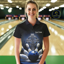 Load image into Gallery viewer, Custom Blue Celtic Cross Faith Bowling Polo Team Shirts For Women, Bowlers Outfits IPHW11305