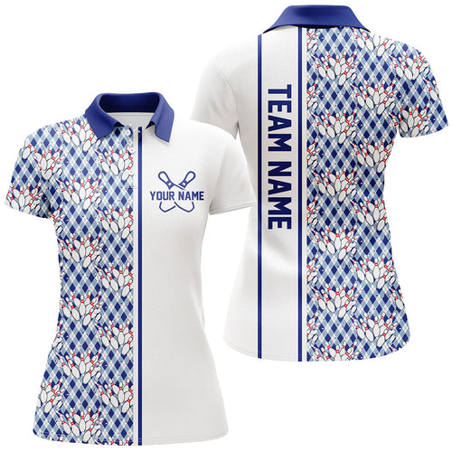 Blue Argyle Custom Bowling Polo Shirts For Women, Custom Bowling Uniforms IPHW6965
