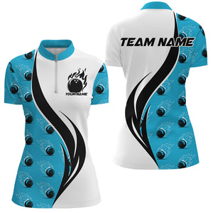 Custom Flame Bowling Polo Shirts For Women, Bowling Team Uniforms With Name | Blue IPHW6974