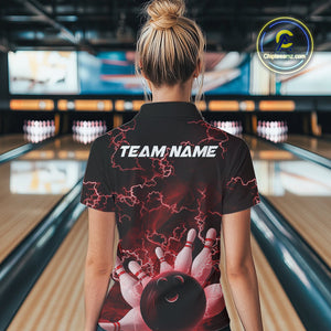 Custom Red Thunder Lightning Women Bowling Polo Team Shirts, Bowling Jerseys IPHW9505