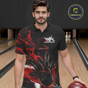 Custom Black And Red Camo Flame Bowling Team Polo Shirts For Men, Bowling Jerseys IPHW9877
