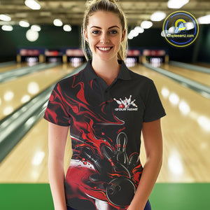 Custom Black And Red Camo Flame Bowling Team Polo Shirts For Women, Bowling Jerseys IPHW9877