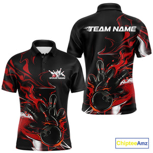 Custom Black And Red Camo Flame Bowling Team Polo Shirts For Men, Bowling Jerseys IPHW9877