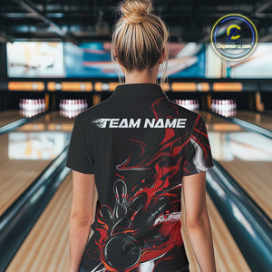 Custom Black And Red Camo Flame Bowling Team Women Quarter-Zip Shirts, Bowling Jerseys IPHW9877