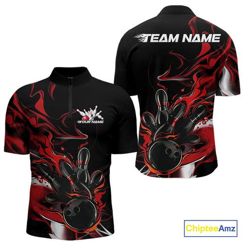 Custom Black And Red Camo Flame Bowling Team Quarter-Zip Shirts For Men, Bowling Jerseys IPHW9877