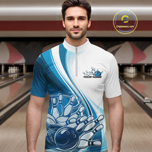Load image into Gallery viewer, Custom White And Blue Classic Retro Style Men Quarter-Zip Bowling Tournament Shirt IPHW11324