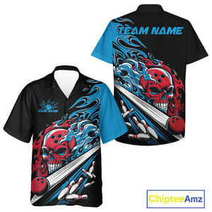 Custom Blue And Red Flame Skull Bowling Hawaiian Shirt For Men And Women, Halloween Bowling Jersey IPHW9888