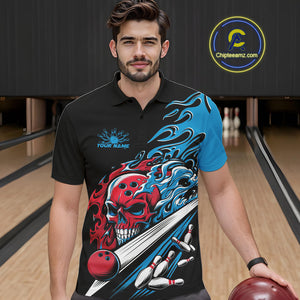 Custom Blue And Red Flame Skull Bowling Polo Shirt For Men, Halloween Bowling Jersey IPHW9888