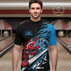 Custom Blue And Red Flame Skull Bowling Quarter-Zip Shirt For Men, Halloween Bowling Jersey IPHW9888