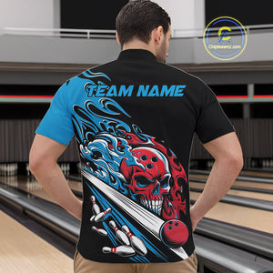 Custom Blue And Red Flame Skull Bowling Quarter-Zip Shirt For Men, Halloween Bowling Jersey IPHW9888