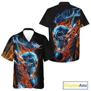 Custom Blue And Orange Fire Flame Strike Skull Bowling Men And Women Hawaiian Shirt, Halloween Outfit IPHW9890