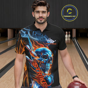 Custom Blue And Orange Fire Flame Strike Skull Bowling Men Polo Shirt, Halloween Outfit IPHW9890