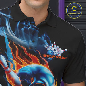 Custom Blue And Orange Fire Flame Strike Skull Bowling Men Polo Shirt, Halloween Outfit IPHW9890
