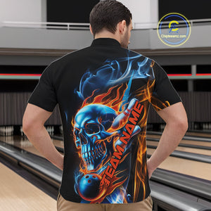 Custom Blue And Orange Fire Flame Strike Skull Bowling Men Quarter-Zip Shirt, Halloween Outfit IPHW9890