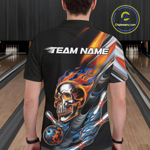 Custom Fire Flame Metal Skull Bowling Men Polo Shirt, Halloween Bowler Outfits IPHW9891