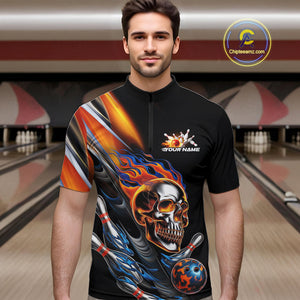 Custom Fire Flame Metal Skull Bowling Men Quarter-Zip Shirt, Halloween Bowler Outfits IPHW9891