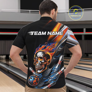Custom Fire Flame Metal Skull Bowling Men Quarter-Zip Shirt, Halloween Bowler Outfits IPHW9891