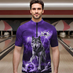 Purple Thunder Lightning Custom Wolf Bowling Quarter-Zip Shirts For Men, Wolf Bowling Team Shirt IPHW8426