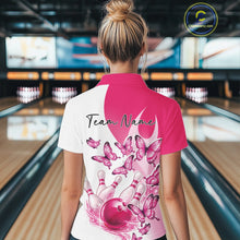 Load image into Gallery viewer, Custom White And Pink Butterfly Women Bowling Quarter-Zip Shirts, Ladies Bowling Shirt IPHW11336