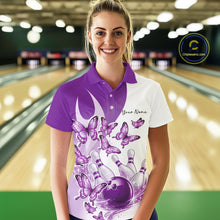 Load image into Gallery viewer, Custom White And Purple Butterfly Women Bowling Polo Shirts, Ladies Bowling League Shirt IPHW11337