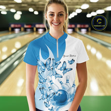 Load image into Gallery viewer, Custom White And Blue Butterfly Women Bowling Quarter-Zip Shirts, Ladies Bowling Shirt IPHW11338