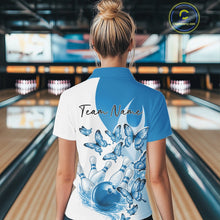Load image into Gallery viewer, Custom White And Blue Butterfly Women Bowling Quarter-Zip Shirts, Ladies Bowling Shirt IPHW11338