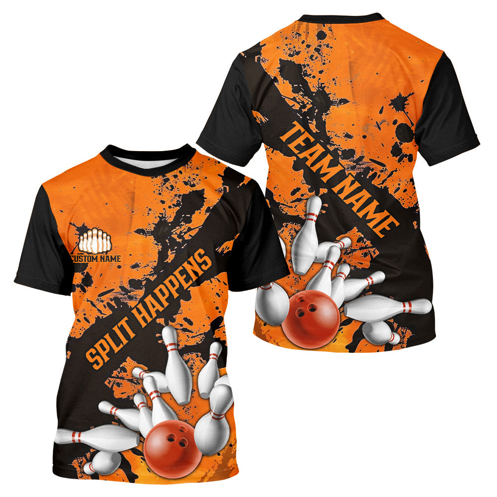 Split Happens Funny Orange Strike Bowling Men T-Shirts For Team, Bowling Apparel IPHW6171