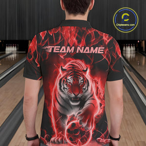 Custom Red Flame Tiger Bowling Polo Shirts For Men, Tiger Bowling Team Shirt IPHW9762