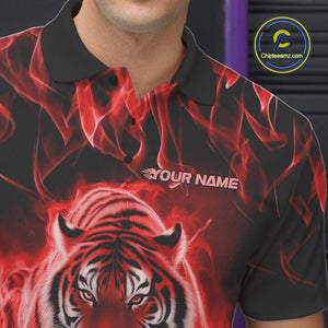 Custom Red Flame Tiger Bowling Polo Shirts For Men, Tiger Bowling Team Shirt IPHW9762