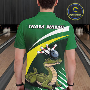 Custom Funny Green Alligator Bowling Polo Shirt For Men, Bowling League Shirt For Team IPHW9926