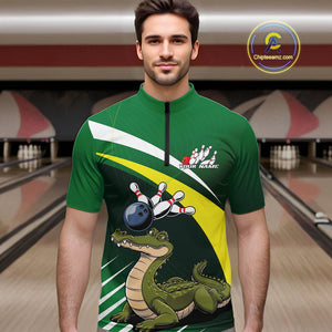 Custom Funny Green Alligator Bowling Quarter-Zip Shirt For Men, Bowling League Shirt For Team IPHW9926