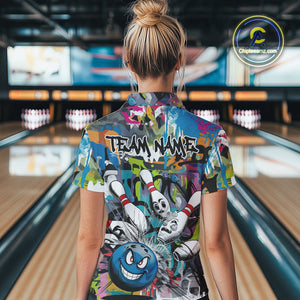 Custom Funny Graffity Bowling Polo Shirts For Women, Bowling Team Shirt IPHW9381